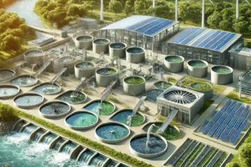 Here is the design illustrating wastewater treatment as a vital process for environmental sustainability. It showcases modern treatment stages, renewable energy integration, and a harmonious relationship with nature.