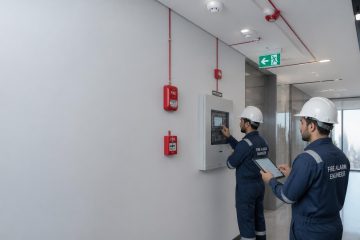 صورة توضح تنفيذ نظام إنذار الحريق داخل مشروع تجاري في المملكة العربية السعودية، وتشمل كواشف الدخان والحرارة، ولوحة التحكم، ونقاط النداء اليدوية، وأجهزة الإنذار الصوتية والضوئية، وأنظمة السلامة المتكاملة. تقدم Flow Lines خدمات تصميم وتركيب واختبار وصيانة أنظمة إنذار الحريق وفق الكود السعودي وأعلى معايير الجودة والسلامة.