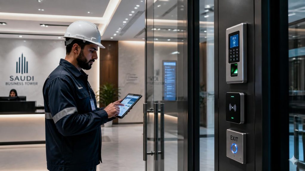 صورة توضح تنفيذ أنظمة التحكم في الدخول Access Control داخل مشروع تجاري حديث في المملكة العربية السعودية، وتشمل قارئات البطاقات والأقفال الإلكترونية وأجهزة التحكم في الأبواب وحلول الأمن المتكاملة من Flow Lines.